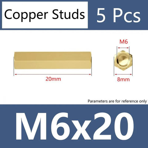 Brass M6x20 double-ended hollow standoff spacers, female-threaded, 5 pcs for PCB/motherboard