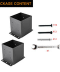 Package content showing Beefy 6x6 Post Base Brackets For Decks And Fences, Heavy Duty Steel, Black Powder Coat, screws and wrench.