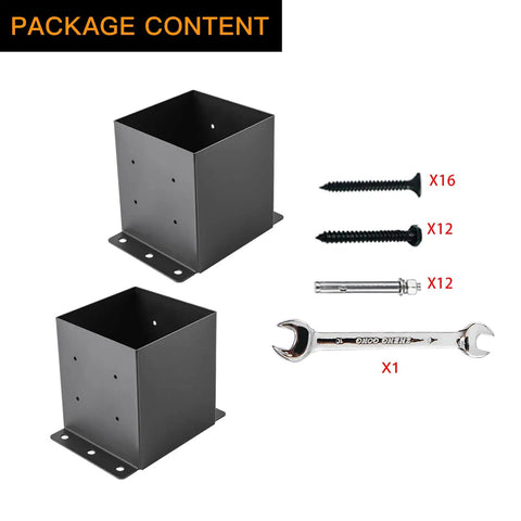 Package content showing Beefy 6x6 Post Base Brackets For Decks And Fences, Heavy Duty Steel, Black Powder Coat, screws and wrench.