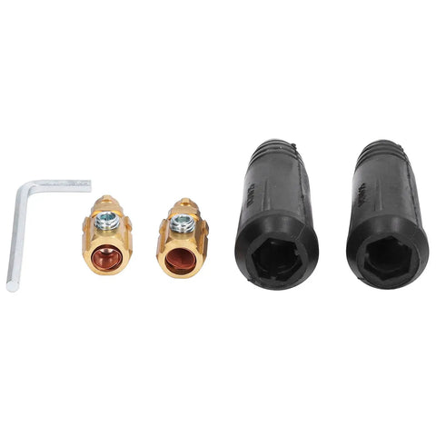 Two Heavy Duty Black Brass Welding Cable Quick Connectors, rubber shielded, fit 10 to 25 mm cable, includes hex key.