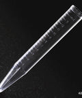 Angled view of a clear 15 mL polystyrene centrifuge tube with molded graduation marks and conical bottom.