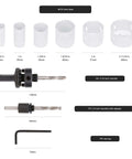 Front view of Amazon Basics 9-piece bi-metal hole saw kit with case; sizes 25/32in–2-11/16in plus mandrels and hex key.