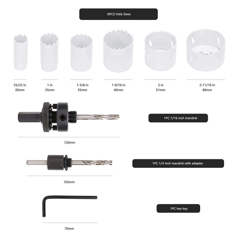 Front view of Amazon Basics 9-piece bi-metal hole saw kit with case; sizes 25/32in–2-11/16in plus mandrels and hex key.
