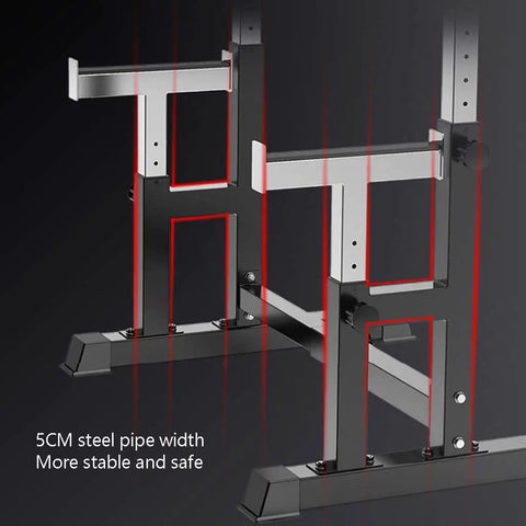 Close-up of adjustable multifunction squat rack with dip stand and barbell holder for home gym, 5cm steel frame detail.