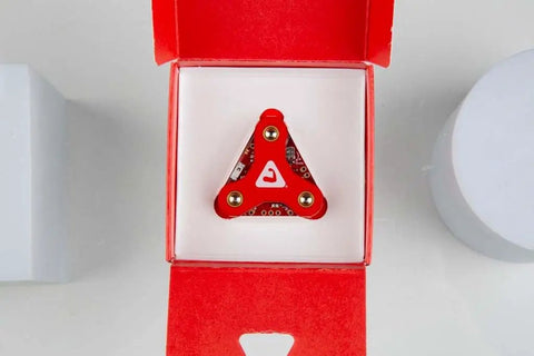 Wearable EMG Muscle Sensor For DIY Projects And Research, Easy Electrode Setup, Read Muscle Activity From Output Voltage, Real Time Biohacking And Prototyping Tool For Muscle Analysis And Fitness Tech Not For Medical Diagnosis. red triangular EMG sensor in box