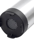 Close-up of the intake end of a 12V DC submersible transfer pump for fuel water and diesel, featuring stainless steel and nylon construction.