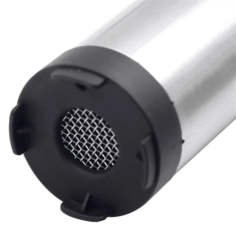 Close-up of the intake end of a 12V DC submersible transfer pump for fuel water and diesel, featuring stainless steel and nylon construction.