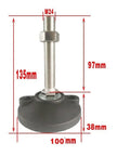 Top Shelf Adjustable Furniture Leveler Feet 12 Piece Set With Swivel Glide Cushion Pads showing a heavy-duty leveler with threaded steel bolts.