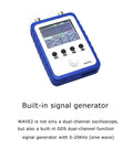 Dual Channel Handheld Digital Oscilloscope Kit With Two Point Four Inch Touch Screen Portable On The Go Battery Powered Built In Signal Generator USB Data Upload PC Serial Control And Waveform Storage showing waveform on screen