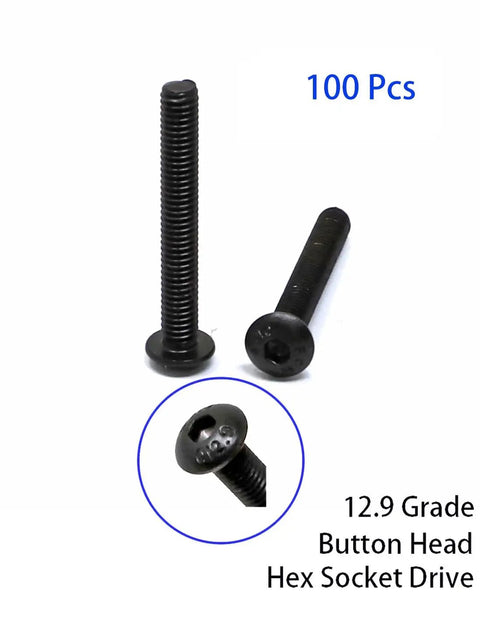 M4 X 30mm Hex Socket Button Head Cap Screws Set, 100 Pcs, 12.9 Grade Alloy Steel, black oxide finish, showing hex socket drive