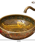 Rock Solid Vintage Brown Porcelain Vessel Sink For Bathroom Vanity, super sleek high gloss above counter round wash bowl with intricate design.