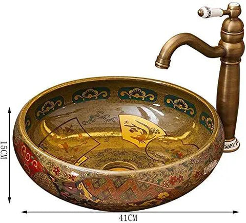 Rock Solid Vintage Brown Porcelain Vessel Sink For Bathroom Vanity, super sleek high gloss above counter round wash bowl with intricate design.