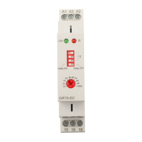 Pro Grade Adjustable Time Relay For Automation Panels With Delay From 0.1 Seconds To 10 Days Dual 230 Volt AC And 24 Volt DC Input 10 Amp Output LED Indicator Din Rail Mount Ready For Control Panels front view