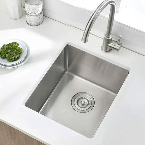 Stainless Steel Undermount Bar Sink 15x17 Inch Small Wet Bar, 16 Gauge SUS304 Brushed Nickel Finish, installed in a kitchen.
