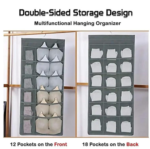 Double Sided Hanging Closet Organizer With Thirty Roomy Pockets In Gray showing pockets for organization of socks and underwear.