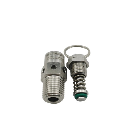 Front view of HEZONGSION 1/4 in NPT male adjustable pressure relief valve components, SS304 stainless steel, two pieces