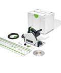 Pro Shop Ready Track Saw Delivering Heavy Duty Performance With 1200 Watt Motor And Hella Precise Negative One To Forty Seven Degree Bevel Cuts Plus Smooth Operation Guide Rail System with guide rail, saw blade, and accessories.