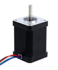 NEMA 17 bipolar stepper motor with silver mounting plate, black body, exposed shaft and multi-color wires