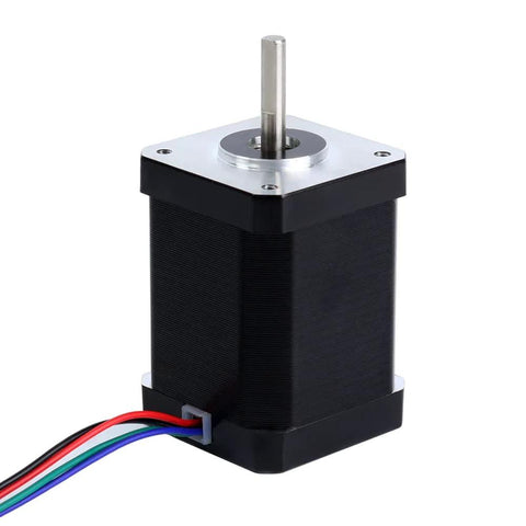 NEMA 17 bipolar stepper motor with silver mounting plate, black body, exposed shaft and multi-color wires