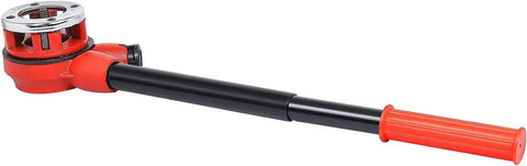 Durable Ratchet Pipe Threading Kit With 4 Dies For 1/2, 3/4, 1 And 1-1/4 Inch Pipes, includes red handle and head.