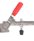 Rock Solid Quick Release Toggle Clamp Heavy Duty 500 Lb Stainless Steel Anti Slip Horizontal Hand Tool For Welding And Woodshop Projects With Beefy Pads showing red handle and adjustable pad.