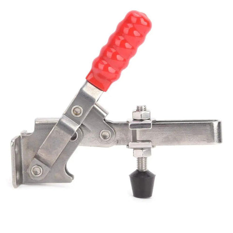 Rock Solid Quick Release Toggle Clamp Heavy Duty 500 Lb Stainless Steel Anti Slip Horizontal Hand Tool For Welding And Woodshop Projects With Beefy Pads showing red handle and adjustable pad.