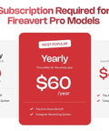 Subscription pricing plans for Fireavert Pro Models showing monthly, yearly, and all-in options for 110V Appliance Auto Shut Off Device.