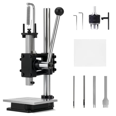 Heavy Duty Leather Hole Puncher For DIY Leather Crafting Hand Punching Machine with manual press and punch tools visible