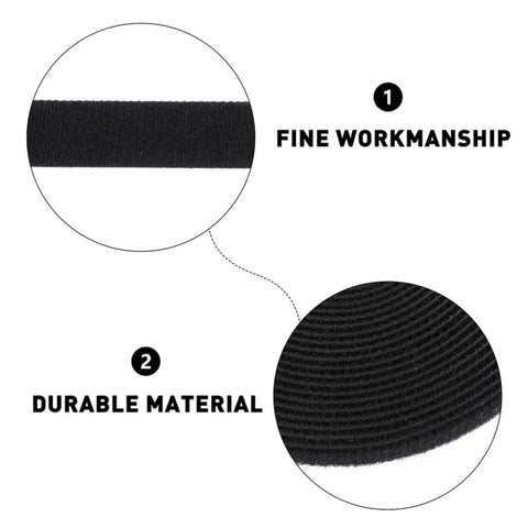Close-up view of black durable reusable hook and loop material showing fine workmanship for cable ties. Keep Your Workstation Crisp With These Hella Durable Reusable Hook And Loop Cable Ties For Seamless Daily Cord Organization Clean Wire Management And Firm Bundling In Black.