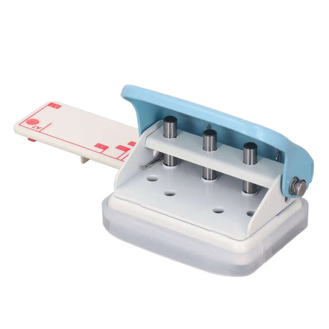 Handheld Three Hole Paper Punch With Scrap Collector Workhorse Five Sheet Capacity Five Point Five Millimeter Holes And Nineteen Millimeter Spacing