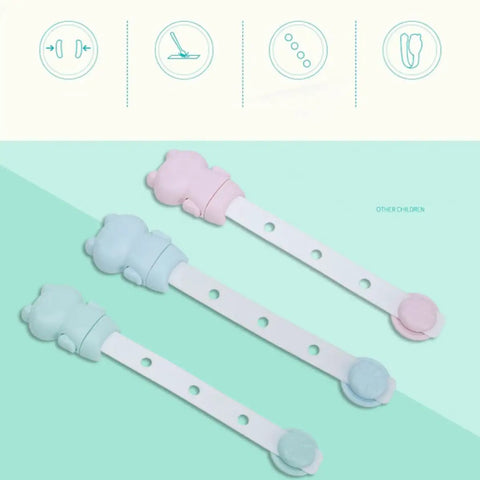 5 Pack Kid Proof Safety Cabinet Locks with 3 adjustable modes shown in cartoon design, durable PP and TPE material