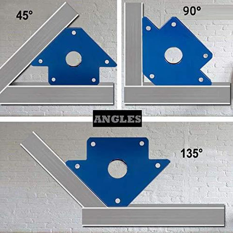 Blue arrow-shaped welding magnet holder, 4-inch, 50 lb capacity, shown at 45°, 90°, and 135° angles with steel angle bars.