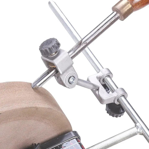 Slick Wood Turning Tool Sharpening Jig For Water Cooled Grinder and Workshop Lathe showcases adjustable cradle and precision alignment.