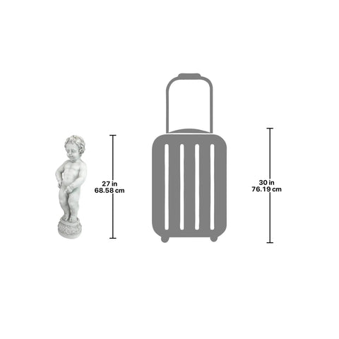 Whimsical Outdoor Piped Boy Statue Inspired By A Classic European Landmark For Garden Decor with size comparison to luggage
