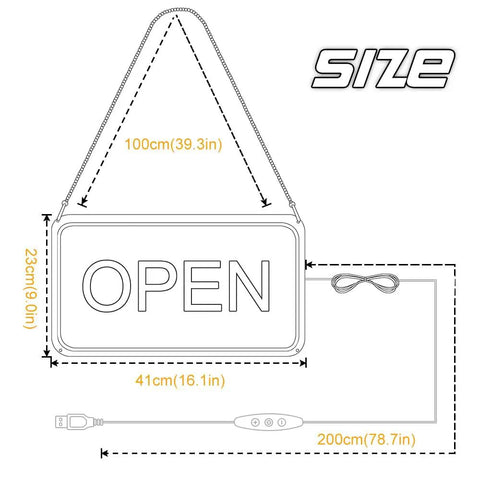 Diagram of LED Open Sign With USB Power 5V COB Chip Lit Neon Look 16 By 9 Inch dimensions, showing size and cable length.
