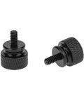 Two black anodized aluminum thumb screws, 6-32 thread size, with knurled grip for computer components, part of Ten Piece Pack Of 6-32 Thread Black Anodized Aluminum Thumb Screws With A Slick Finger Grip Design Great For Computer Cases Hard Drives And Psu Brackets Built Tough For No Sweat Assemblies Always.