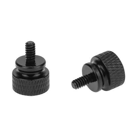 Two black anodized aluminum thumb screws, 6-32 thread size, with knurled grip for computer components, part of Ten Piece Pack Of 6-32 Thread Black Anodized Aluminum Thumb Screws With A Slick Finger Grip Design Great For Computer Cases Hard Drives And Psu Brackets Built Tough For No Sweat Assemblies Always.