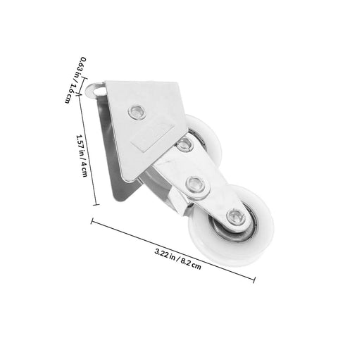 Four Piece Heavy Duty Aluminum Pulley Rollers For Smooth Sliding Doors And Windows Straight Up Quick Swap Garage Track Replacement Hardware close-up of one pulley roller with dimensions.