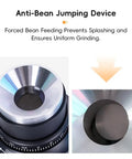 Top Shelf 58 Mm Gold Titanium Flat Burr Coffee Grinder Featuring Anti Static Build And Slick Stepless Adjustment For Real Deal Home Barista Daily Espresso Setup showing anti-bean jumping device for uniform grinding.