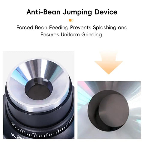 Top Shelf 58 Mm Gold Titanium Flat Burr Coffee Grinder Featuring Anti Static Build And Slick Stepless Adjustment For Real Deal Home Barista Daily Espresso Setup showing anti-bean jumping device for uniform grinding.