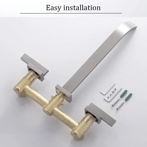 Wall Mount Tub Filler Faucet In Brushed Nickel Finish Brass Two Handle High Flow Bathtub Faucet Set With 10 Inch Spout Reach installation view