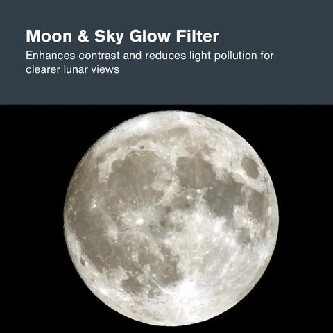 Moon Filter Kit For 1.25 Inch Telescope Eyepieces With Four Filter Set Including Three Neutral Density Filters And Sky Glow Plus Lunar Map showing enhanced lunar contrast with the Moon & Sky Glow Filter text.