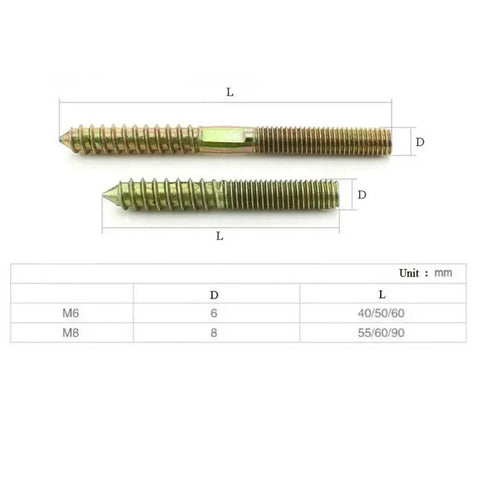 Top view of 50 Pcs M6 Hanger Bolt Wood To Metal Dowels Double Ended Furniture Fixing Self Tapping Screws M6x60 with size chart