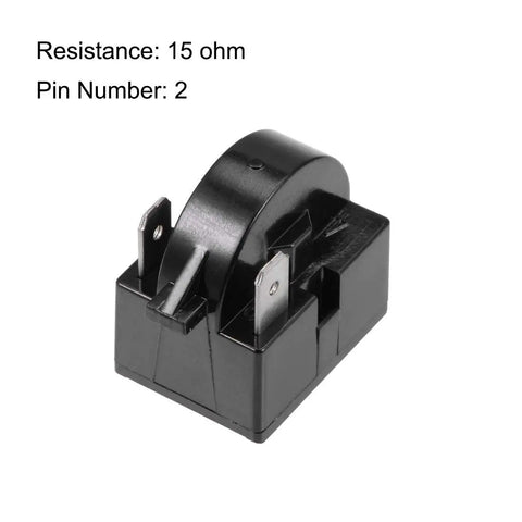 Refrigerator Start Relay 15 Ohm 2 Pin For Freezer Compressor Thermal Overload Protector, black component against white background