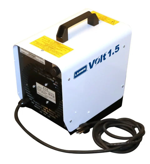 Rock Solid Electric Forced Air Portable Heater With Auto Thermostat, compact 240V model, steel housing for workshops.