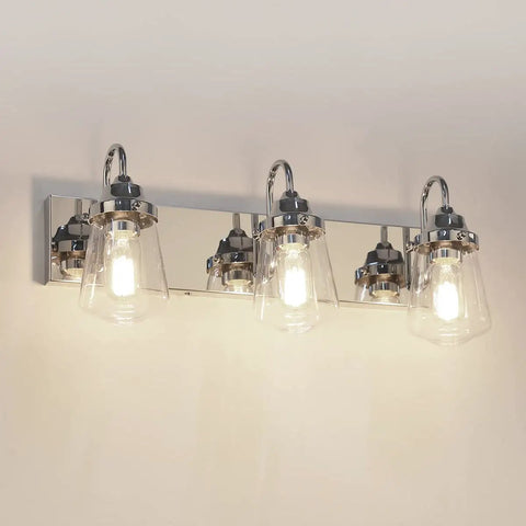 Chrome Vanity Light Fixture For Bathroom Three Light Farmhouse Style Over Mirror With Clear Glass Shades Bulbs Not Included