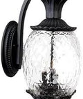 Lanai Collection 3-Light Outdoor Wall Mount Fixture in Matte Black with Leaf Flower Fruit Design showing pineapple glass and metal body.
