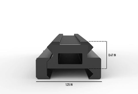 End view of Picatinny Riser Mount With Recoil Stop Base Lockdown V3 Five Point Five Inch Length 13 Slot Low Profile Rail Mount