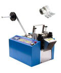 Fully Automatic Industrial Cutting Solution For Shrinkage Tube Wire Film Paper Foil Belt Heavy Duty Multi Material Trimmer With Calibration System, blue automated cutter with control panel.