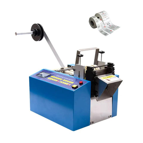 Fully Automatic Industrial Cutting Solution For Shrinkage Tube Wire Film Paper Foil Belt Heavy Duty Multi Material Trimmer With Calibration System, blue automated cutter with control panel.